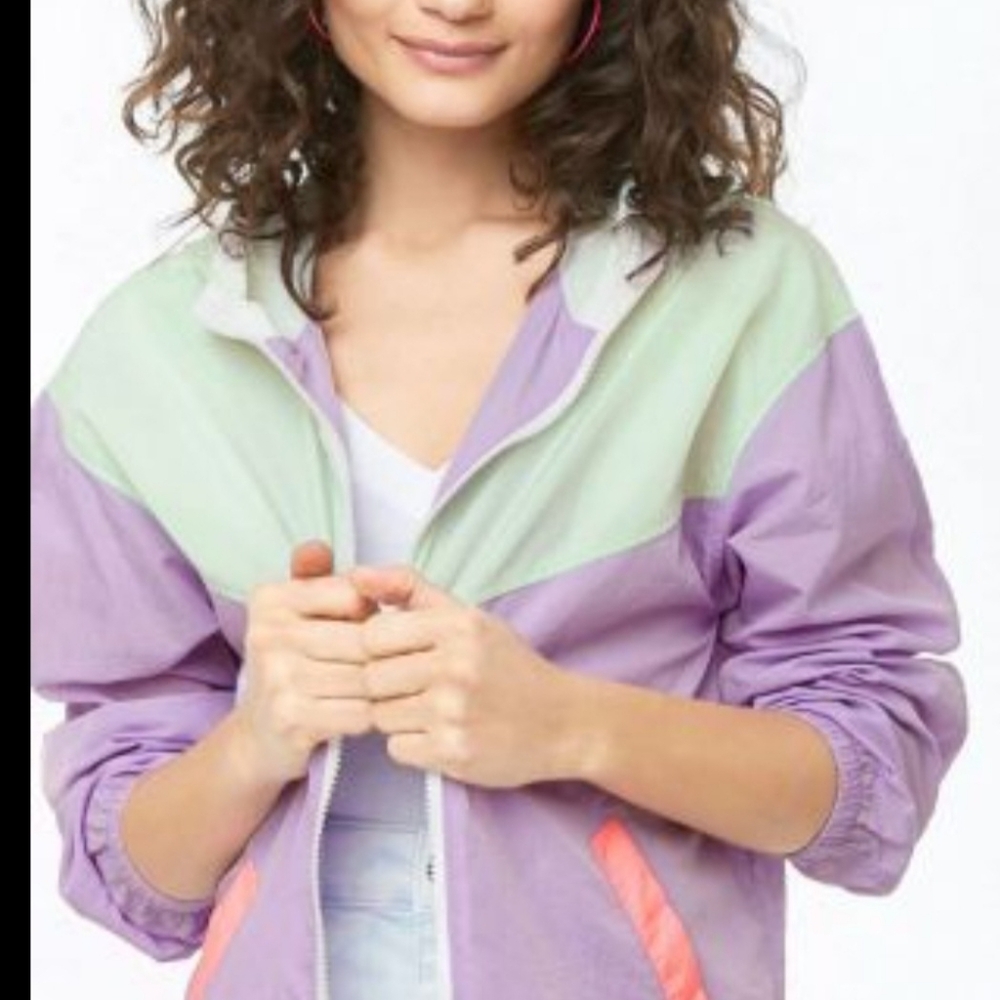 C22 Colorblock Windbreaker Jacket Hooded Zip Front Drawstring Waist  Sz Sm